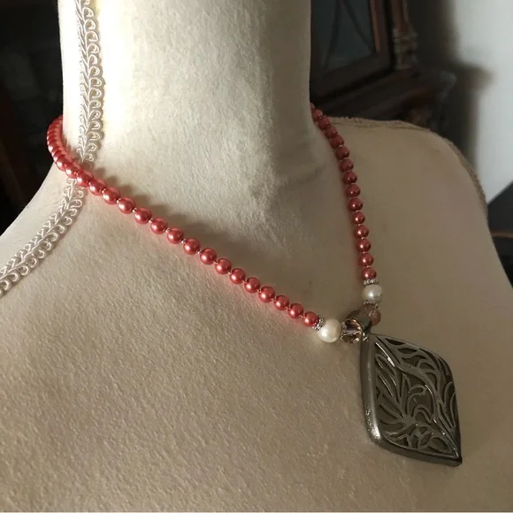 Handcrafted repurpose large filigree pendant Czech glass Pearl necklace